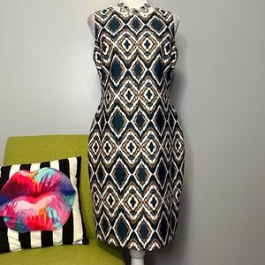 Tommy Hilfiger Blue Brown Geometric Scuba Sheath Dress 10 Work Cocktail